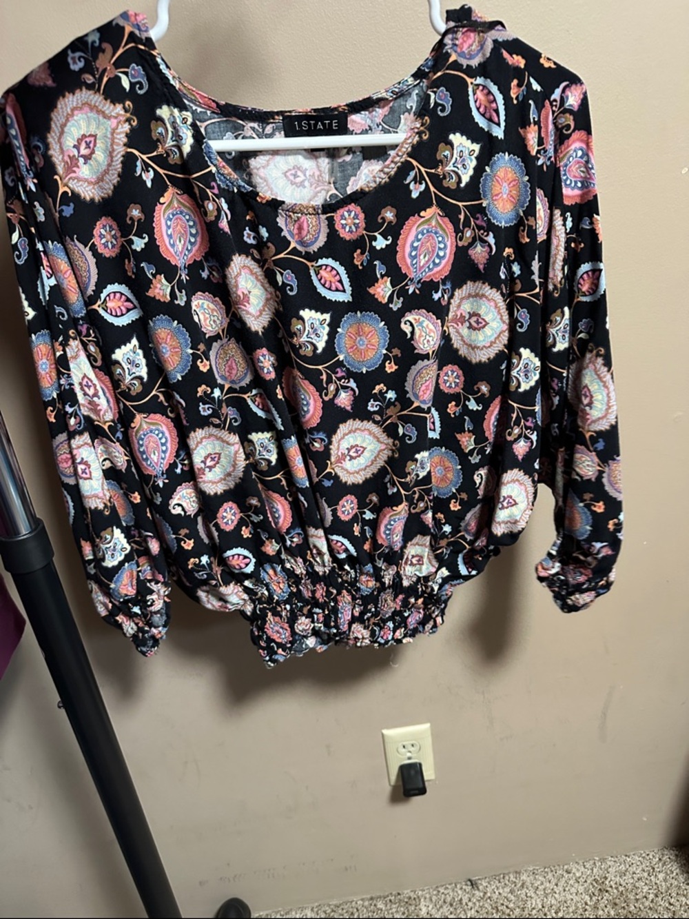 1.STATE Black Paisley & Floral Blouson Top with Pink and Blue Accents